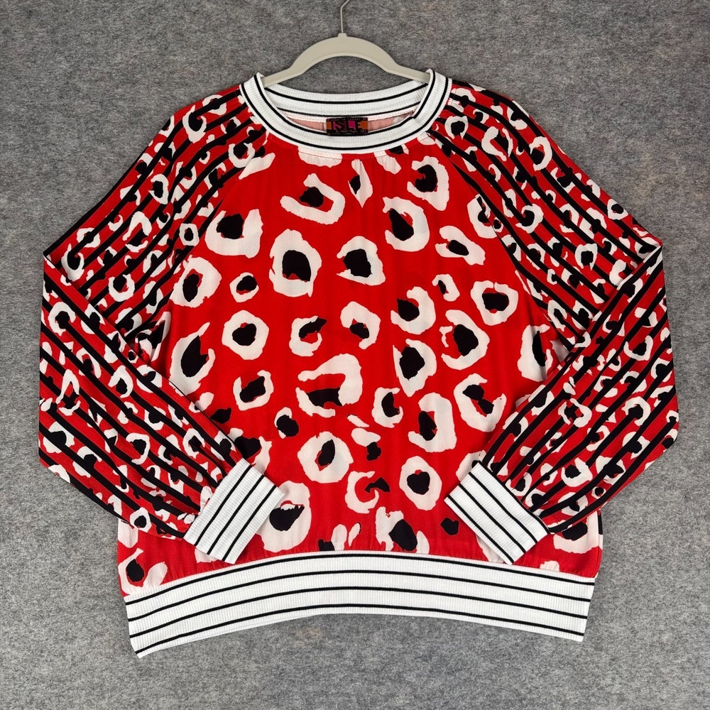 Isle by Melis Kozan Red Leopard Print Striped Trim Pullover Womens Small S